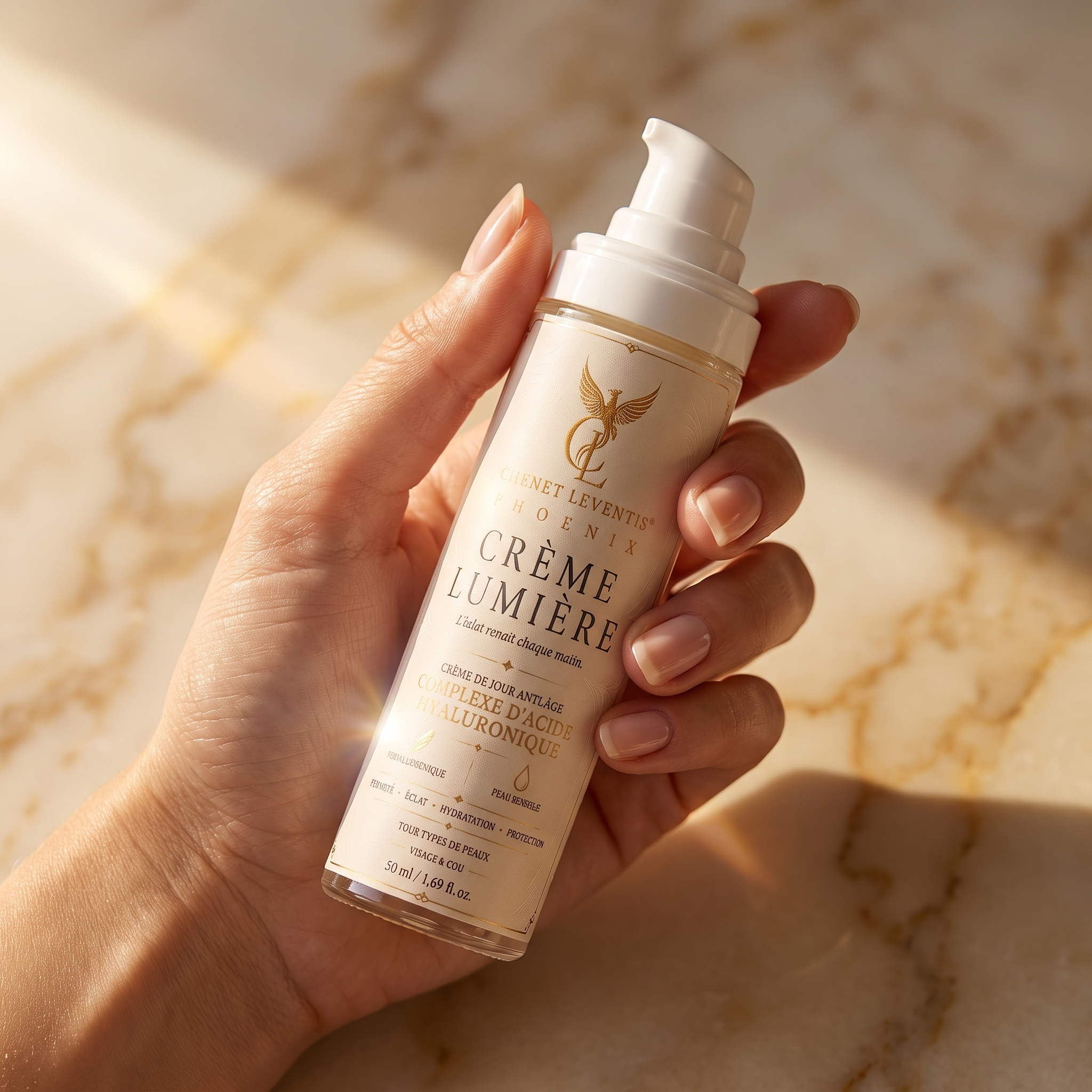 Crème Lumière Crème Lumière, flacon tenu en main
