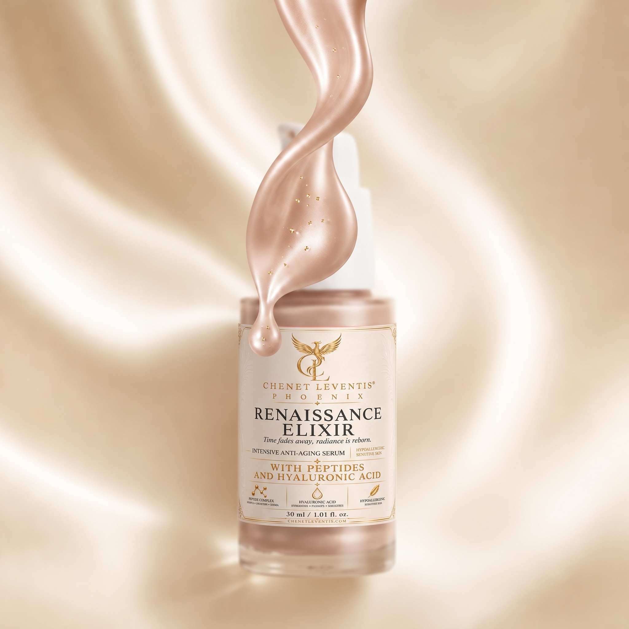 Renaissance Elixir, silky swirled texture on the bottle