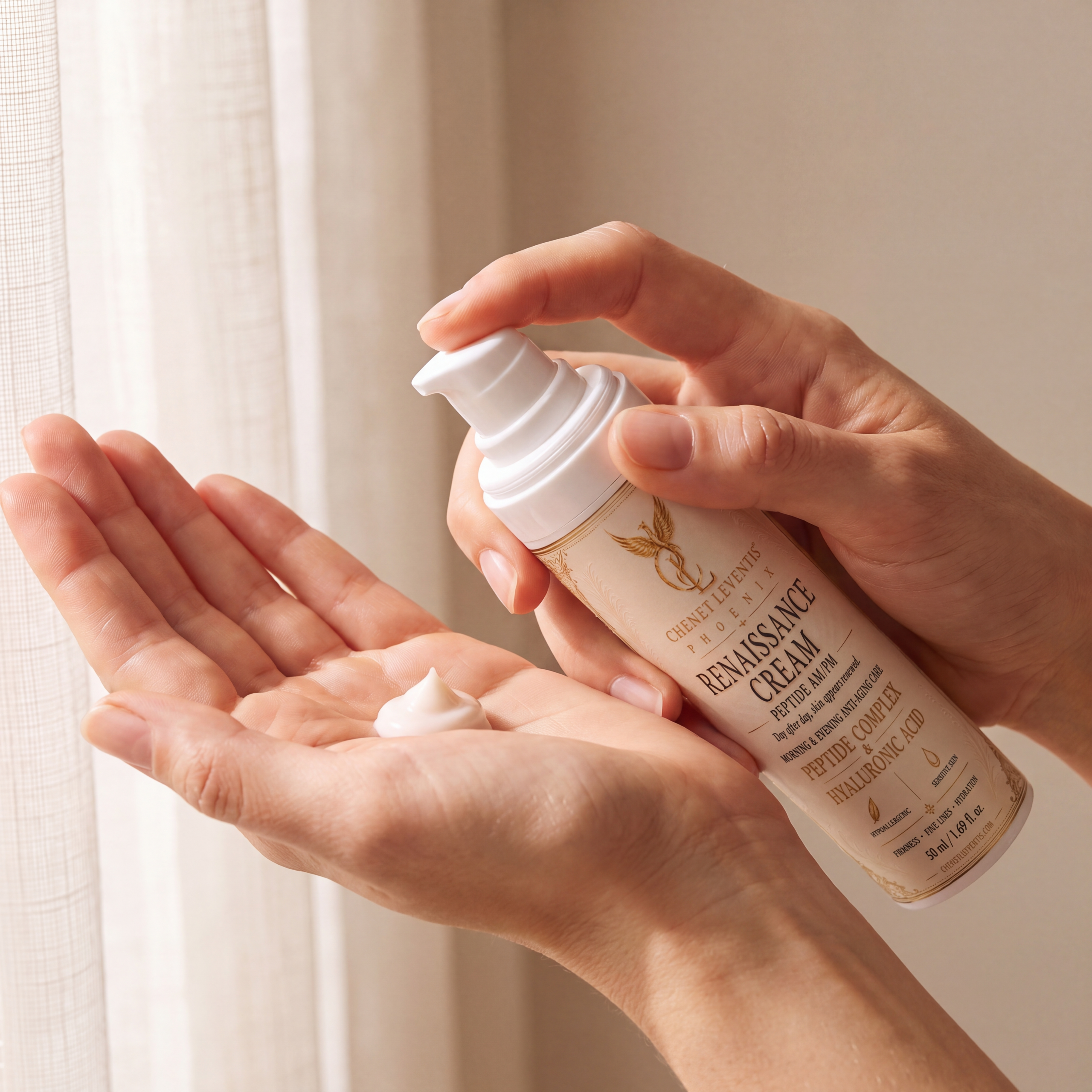 Renaissance Cream, bottle held in hand