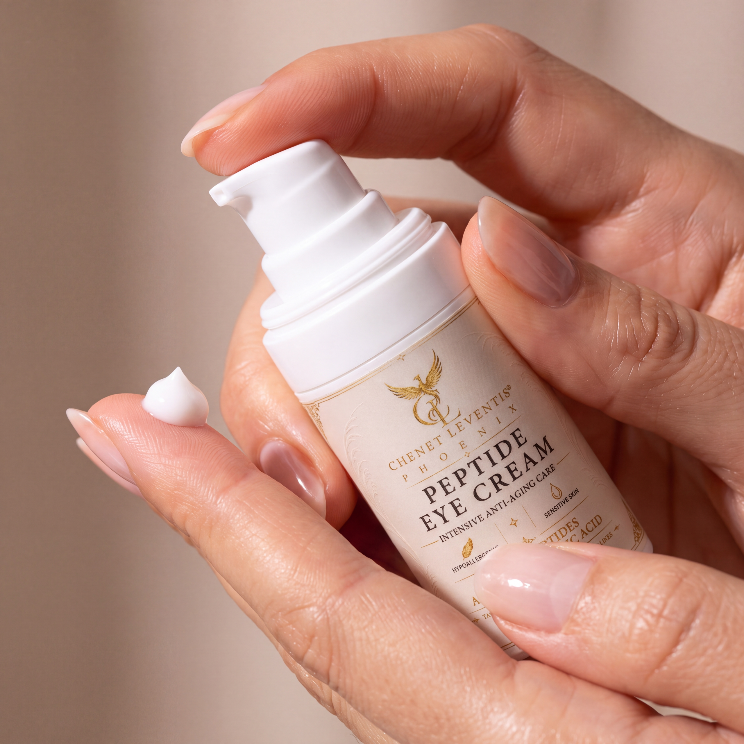 Peptide Eye Cream, bottle held in hand