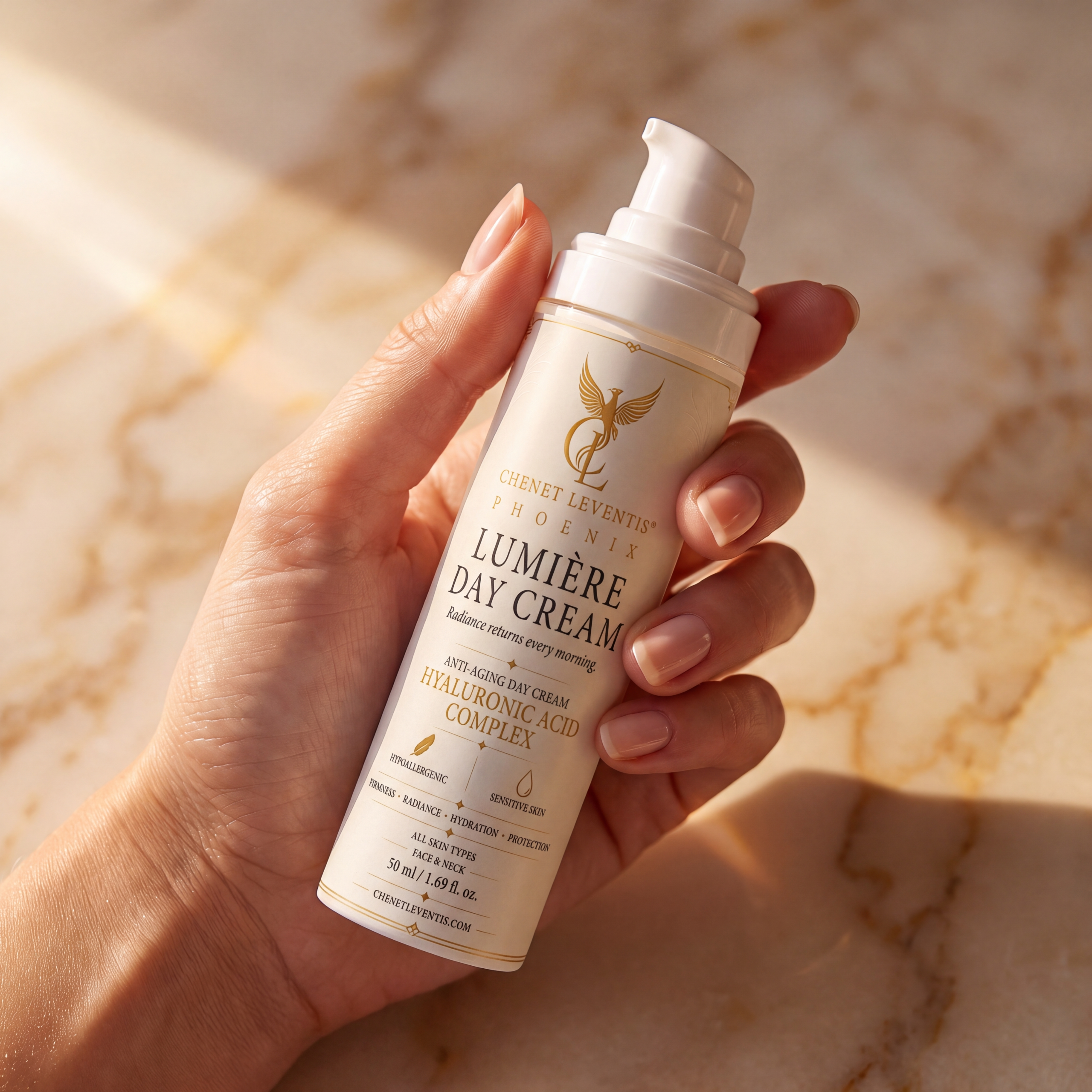Radiance Cream, bottle held in hand
