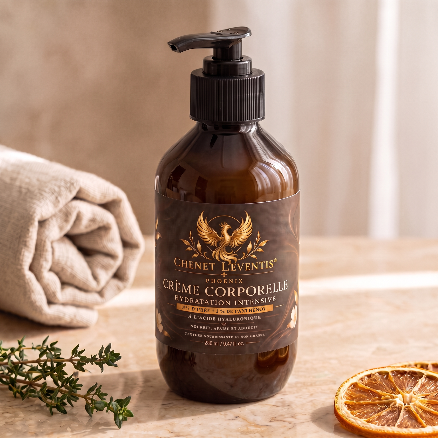 Crème Corporelle, flacon pompe sur un marbre aux tons chauds